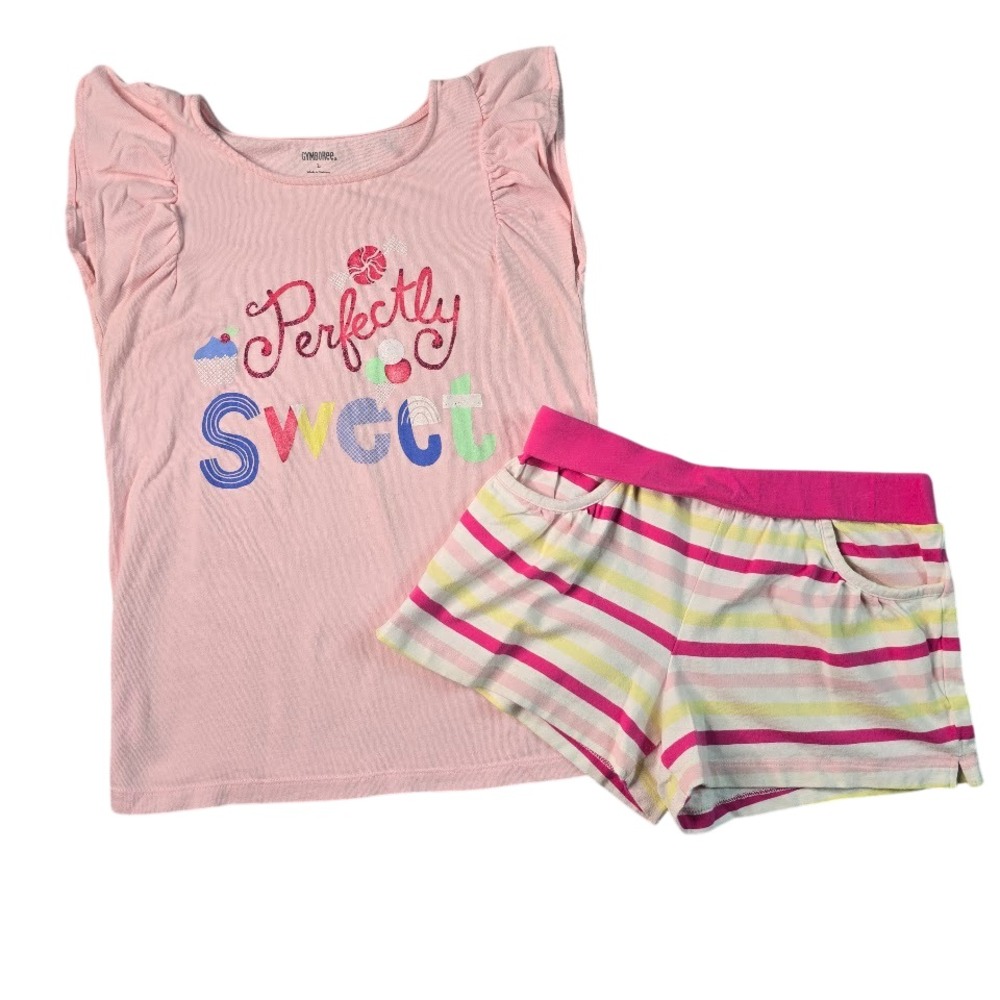 Gymboree Perfectly Sweet 2pc Short Set Girls‎ Large Pink Striped Flutter Sleeve